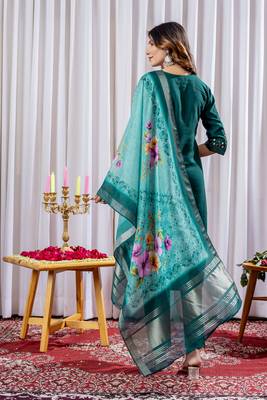 Green embroidered viscose silk straight kurti pant dupatta set 5
