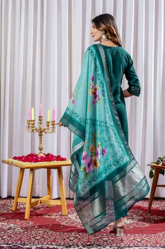 Green embroidered viscose silk straight kurti pant dupatta set