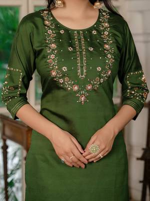 Mahendi green embroidered marina silk straight kurti pant dupatta set 3