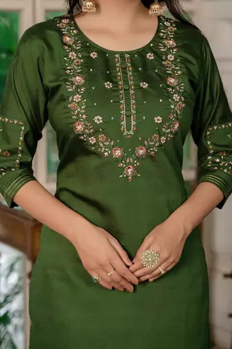 Mahendi green embroidered marina silk straight kurti pant dupatta set