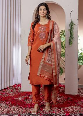 Orange embroidered viscose silk straight kurti pant dupatta set 1