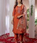 Orange embroidered viscose silk straight kurti pant dupatta set