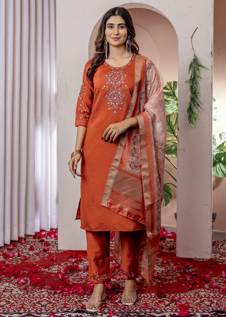 Orange embroidered viscose silk straight kurti pant dupatta set