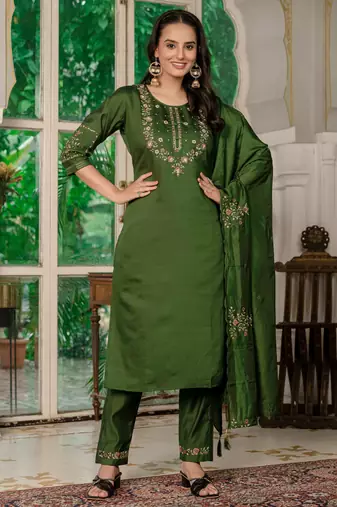 Mahendi green embroidered marina silk straight kurti pant dupatta set