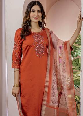 Orange embroidered viscose silk straight kurti pant dupatta set 2