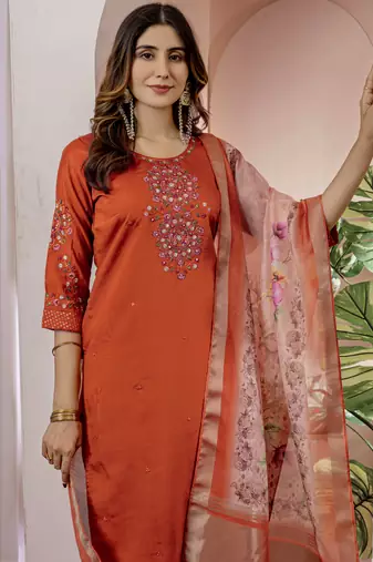 Orange embroidered viscose silk straight kurti pant dupatta set