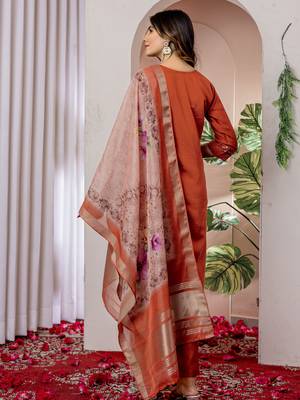 Orange embroidered viscose silk straight kurti pant dupatta set 5