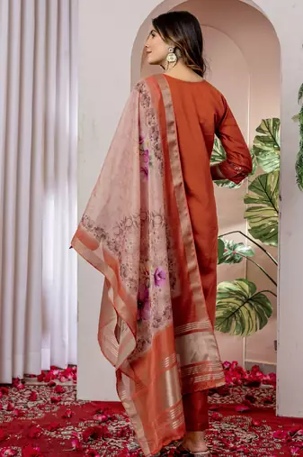 Orange embroidered viscose silk straight kurti pant dupatta set