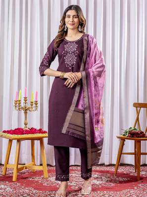 Wine embroidered viscose silk straight kurti pant dupatta set 1