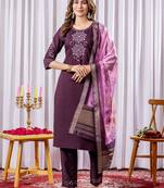 Wine embroidered viscose silk straight kurti pant dupatta set