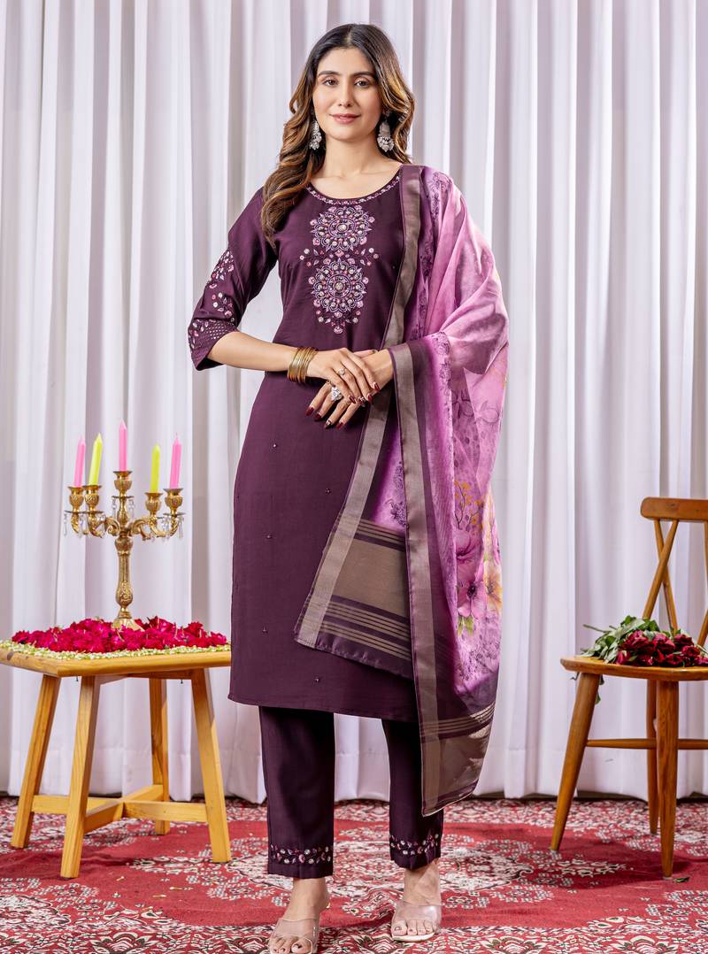 Wine embroidered viscose silk straight kurti pant dupatta set