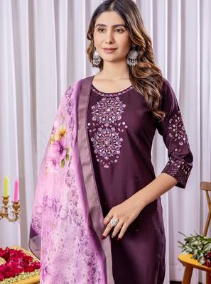 Wine embroidered viscose silk straight kurti pant dupatta set 2