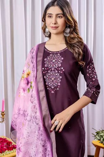 Wine embroidered viscose silk straight kurti pant dupatta set
