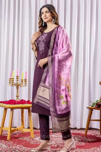 Wine embroidered viscose silk straight kurti pant dupatta set