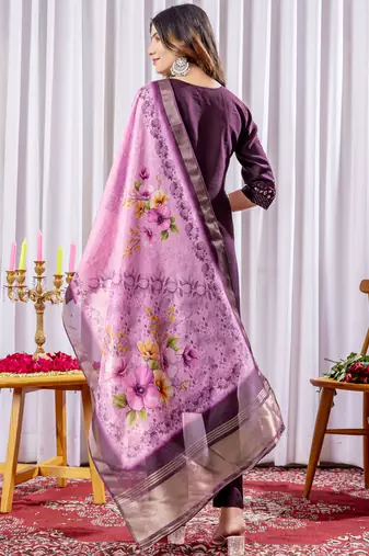 Wine embroidered viscose silk straight kurti pant dupatta set