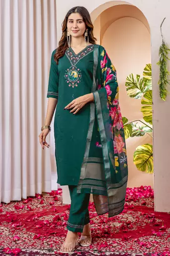 Green embroidered marina viscose silk straight kurti pant dupatta set