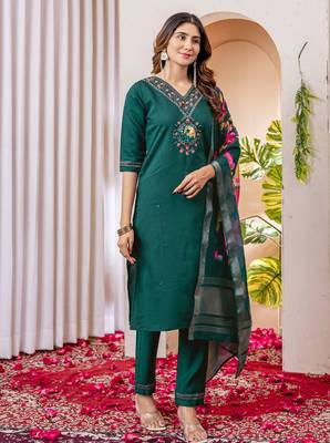 Green embroidered marina viscose silk straight kurti pant dupatta set 4