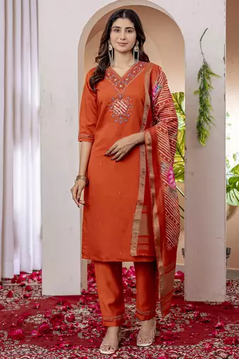 Orange embroidered marina viscose silk straight kurti pant dupatta set