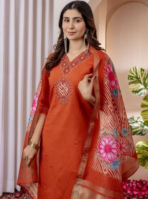 Orange embroidered marina viscose silk straight kurti pant dupatta set 2