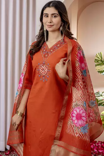 Orange embroidered marina viscose silk straight kurti pant dupatta set