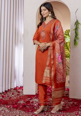 Orange embroidered marina viscose silk straight kurti pant dupatta set 4