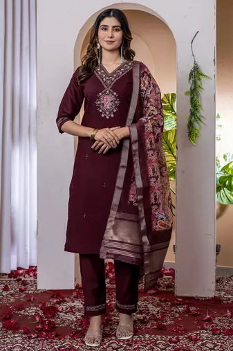 Wine embroidered marina viscose silk straight kurti pant dupatta set