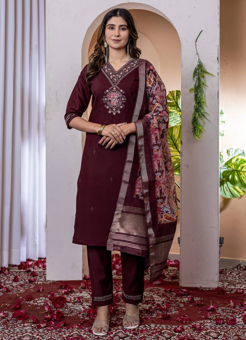 Wine embroidered marina viscose silk straight kurti pant dupatta set