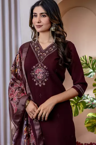 Wine embroidered marina viscose silk straight kurti pant dupatta set