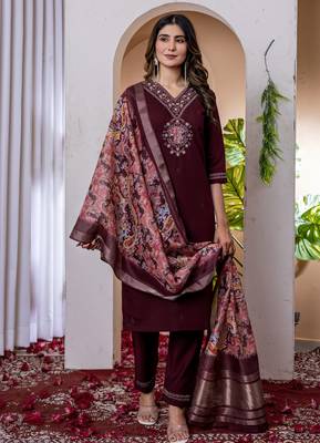 Wine embroidered marina viscose silk straight kurti pant dupatta set 3