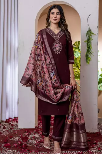 Wine embroidered marina viscose silk straight kurti pant dupatta set