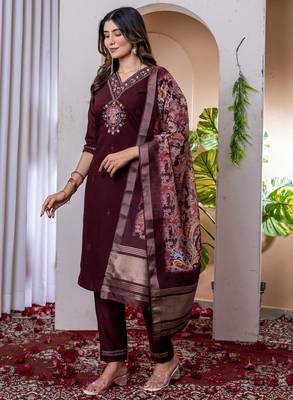 Wine embroidered marina viscose silk straight kurti pant dupatta set 4