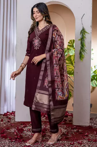 Wine embroidered marina viscose silk straight kurti pant dupatta set