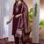 Wine embroidered marina viscose silk straight kurti pant dupatta set