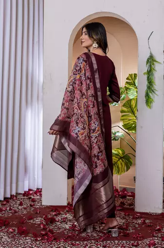 Wine embroidered marina viscose silk straight kurti pant dupatta set