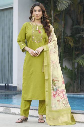 Perrot green embroidered marina viscose silk straight kurti pant dupatta set