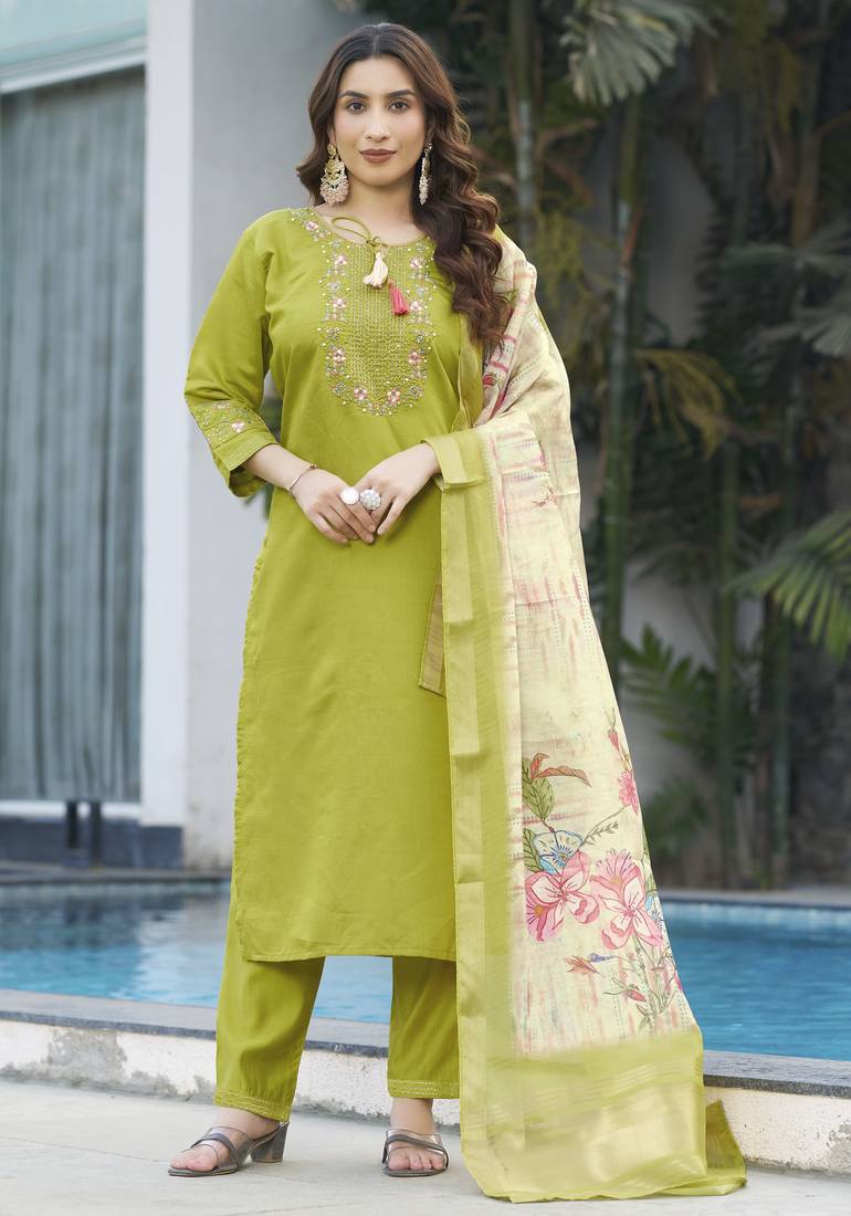 Perrot green embroidered marina viscose silk straight kurti pant dupatta set