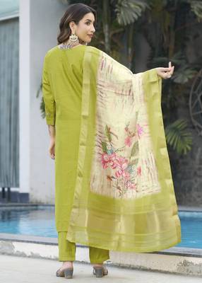 Perrot green embroidered marina viscose silk straight kurti pant dupatta set 2