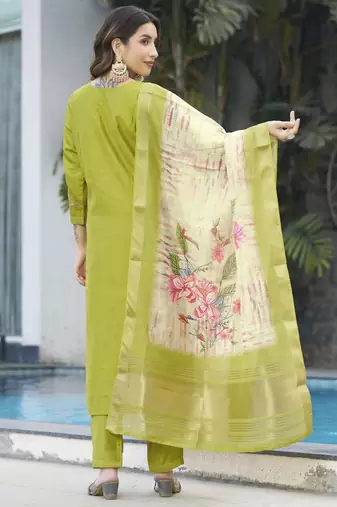 Perrot green embroidered marina viscose silk straight kurti pant dupatta set