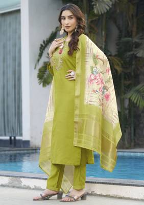Perrot green embroidered marina viscose silk straight kurti pant dupatta set 3