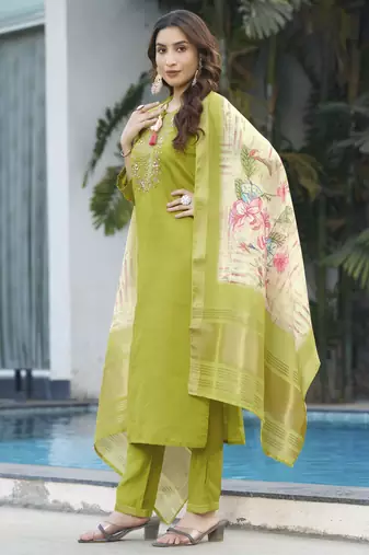 Perrot green embroidered marina viscose silk straight kurti pant dupatta set