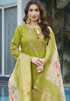Perrot green embroidered marina viscose silk straight kurti pant dupatta set 4