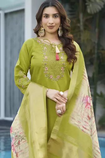 Perrot green embroidered marina viscose silk straight kurti pant dupatta set