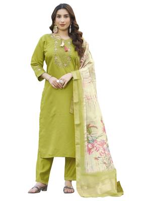 Perrot green embroidered marina viscose silk straight kurti pant dupatta set 5