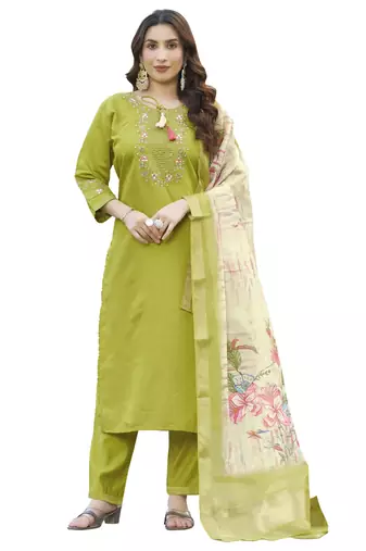 Perrot green embroidered marina viscose silk straight kurti pant dupatta set