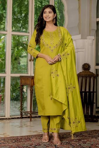 Mustard embroidered marina silk straight kurti pant dupatta set