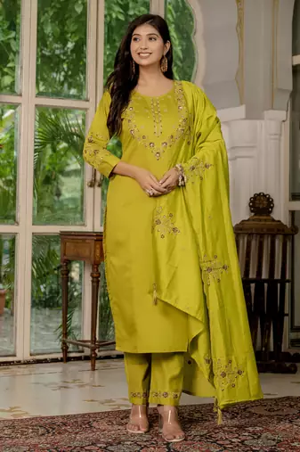 Mustard embroidered marina silk straight kurti pant dupatta set