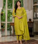 Mustard embroidered marina silk straight kurti pant dupatta set