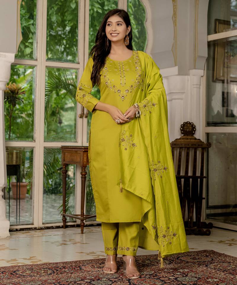 Mustard embroidered marina silk straight kurti pant dupatta set