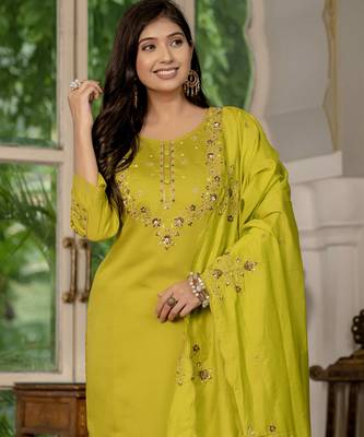 Mustard embroidered marina silk straight kurti pant dupatta set 2