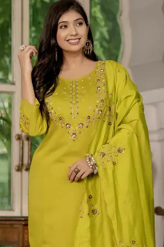 Mustard embroidered marina silk straight kurti pant dupatta set